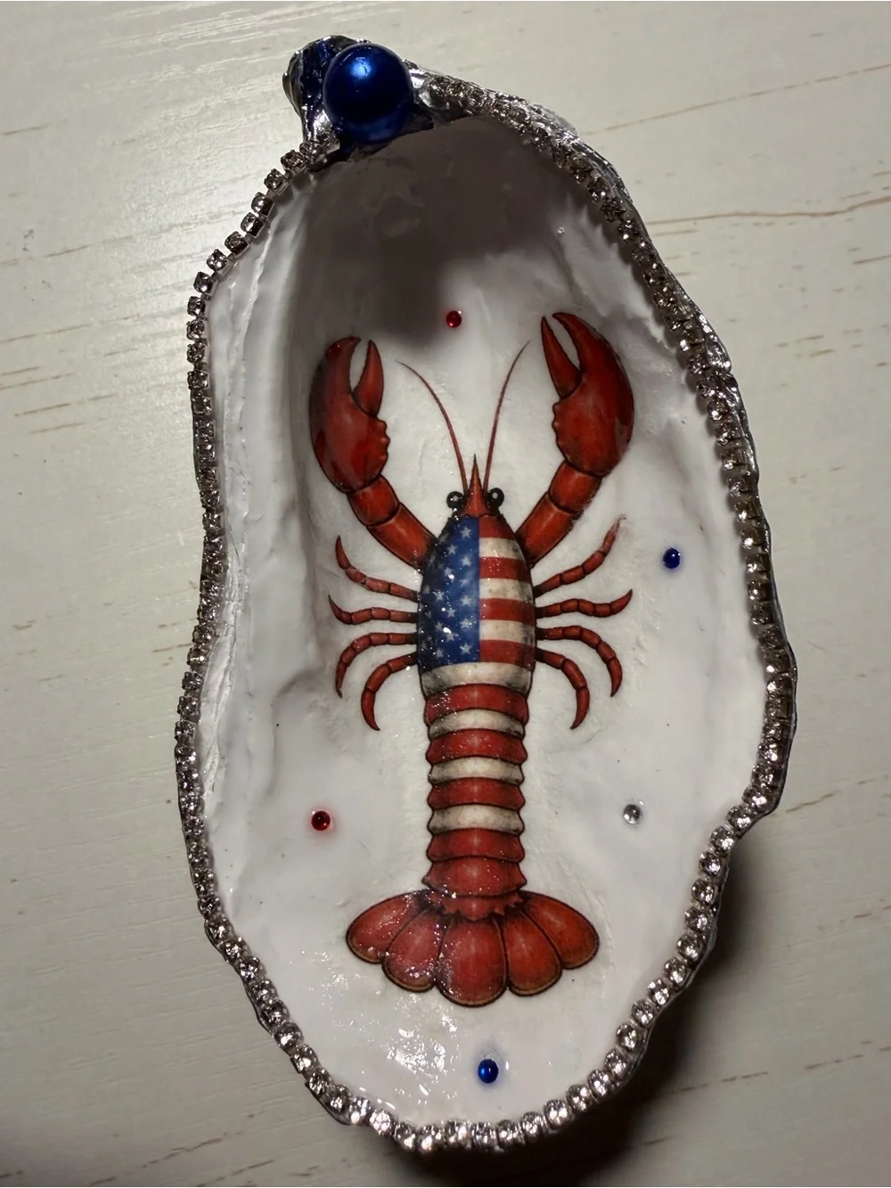 Handmade decoupage Patriotic Lobster Oyster Shell trinket dish